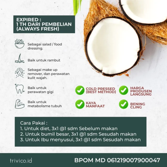 Trivico Minyak VCO Virgin Coconut Oil 250ml - 100% Murni, Cold Pressed, USDA Organik - Image 4